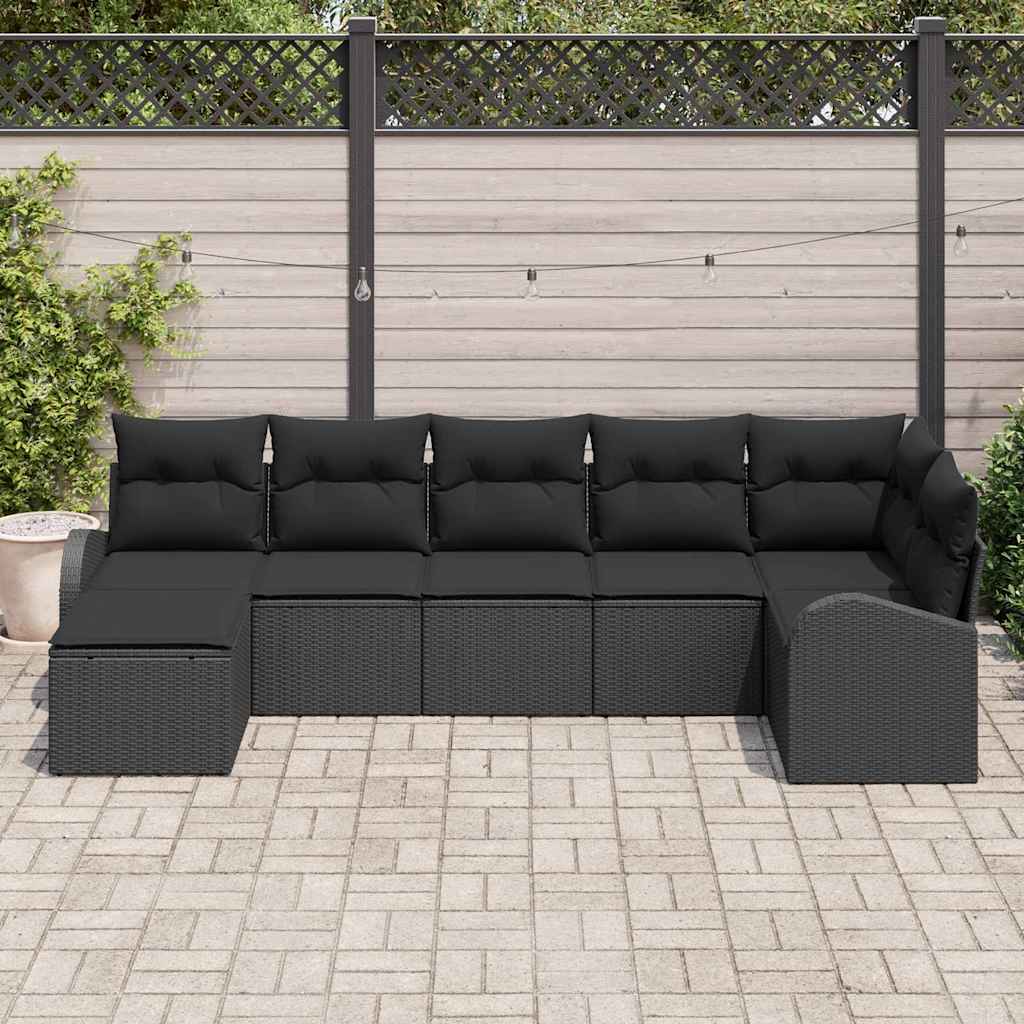 Garten-Sofa-Set mit Kissen 7 pcs Schwarz Poly Rattan