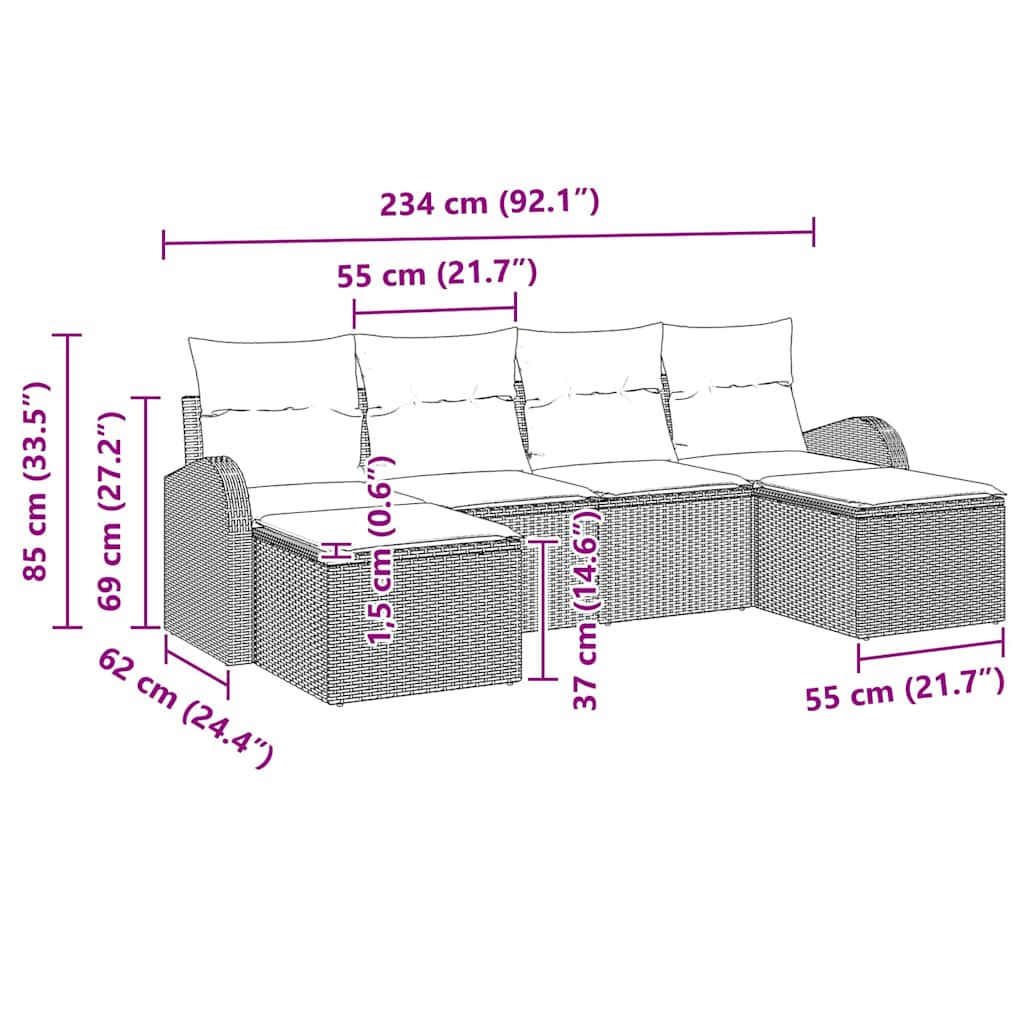 Garten-Sofa-Set mit Kissen 6 pcs Schwarz Poly Rattan
