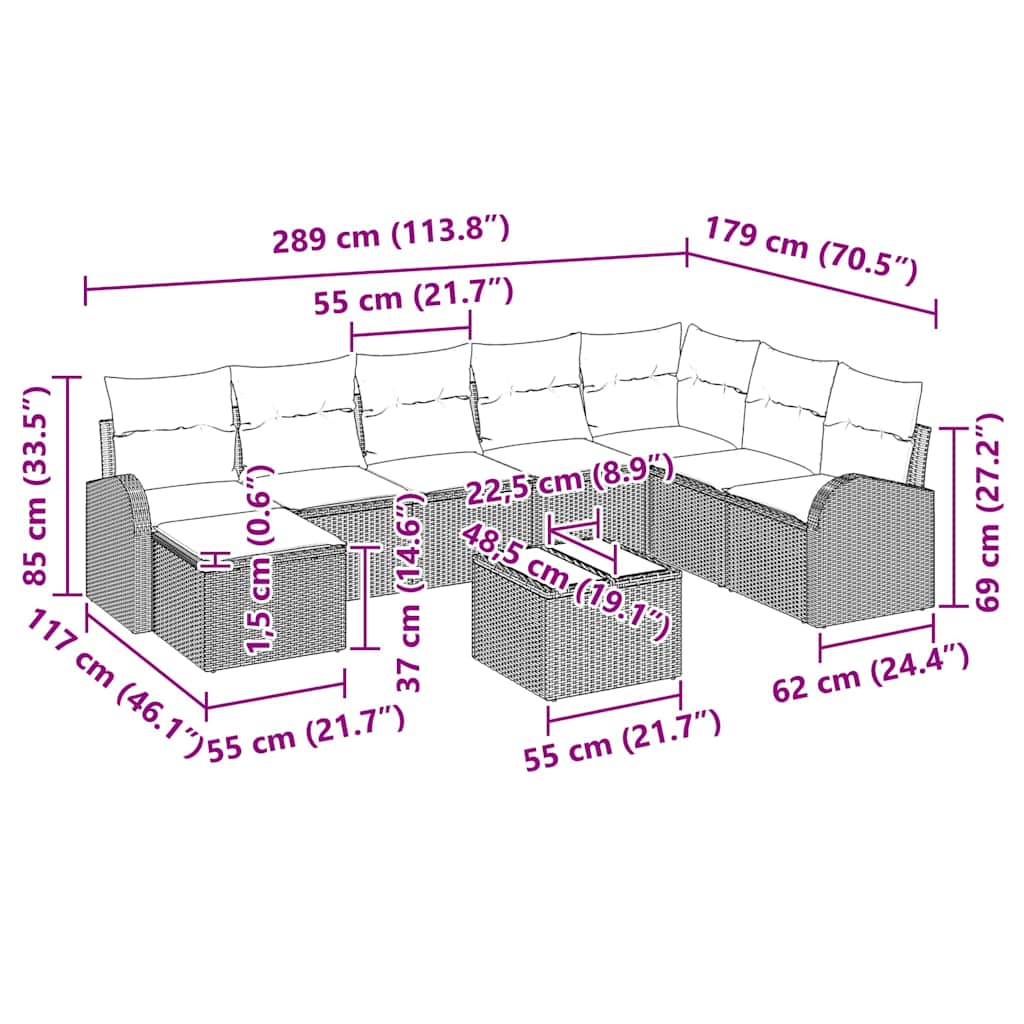 Garten-Sofa-Set mit Kissen 9 pcs Grau Poly Rattan