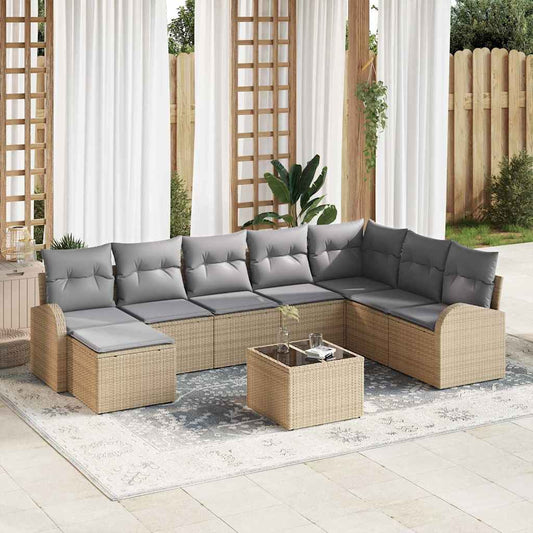 Garten-Sofa-Set mit Kissen 9 pcs Beige Poly Rattan
