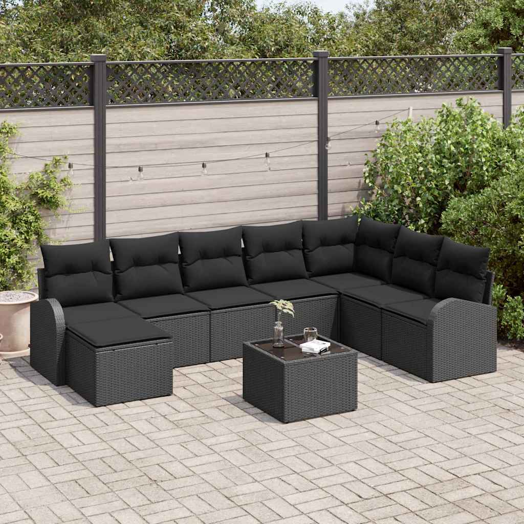 Garten-Sofa-Set mit Kissen 9 pcs Schwarz Poly Rattan