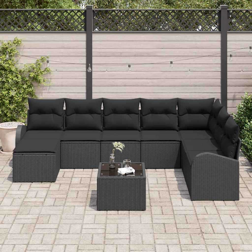 Garten-Sofa-Set mit Kissen 9 pcs Schwarz Poly Rattan