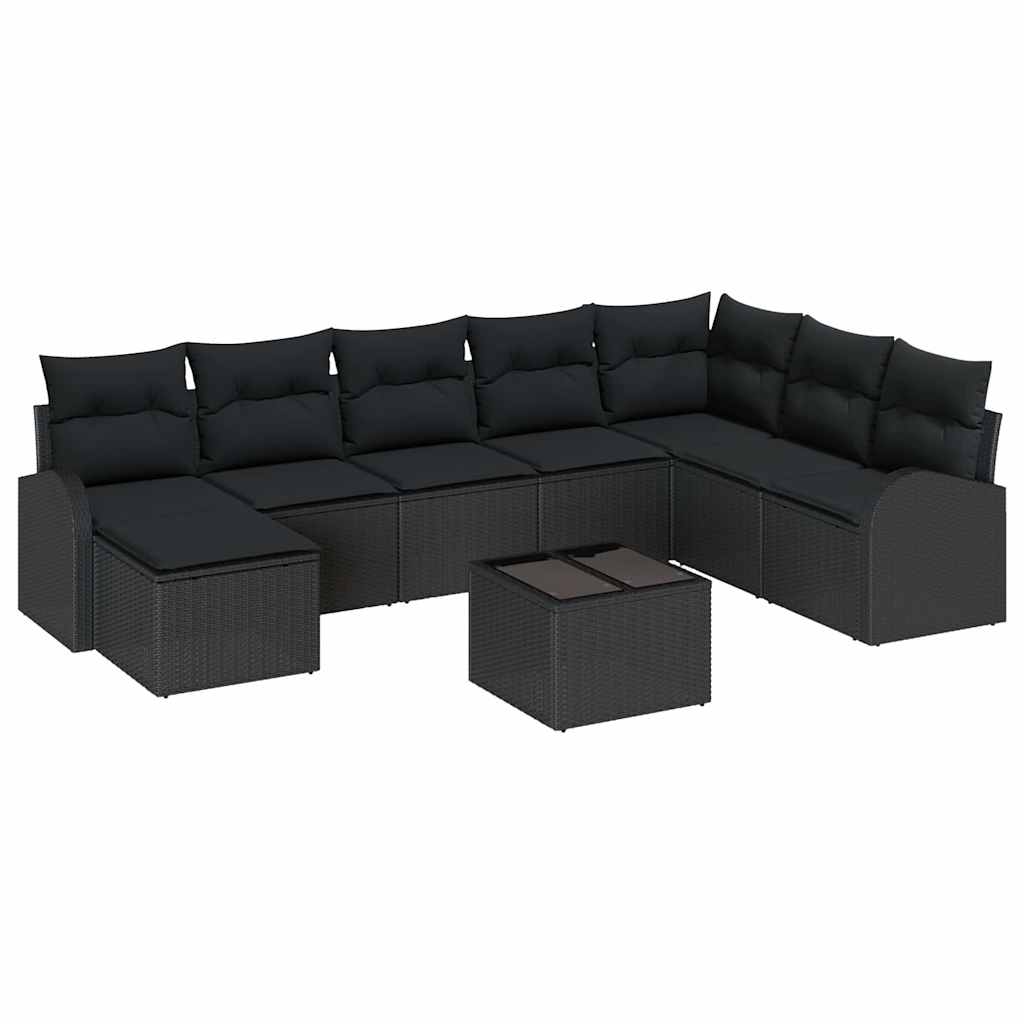 Garten-Sofa-Set mit Kissen 9 pcs Schwarz Poly Rattan