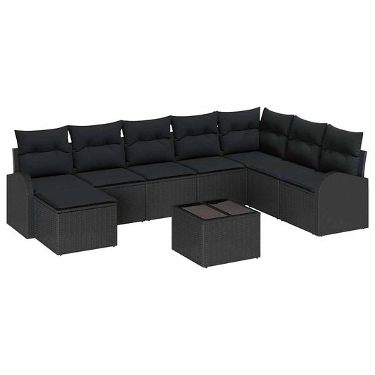 Garten-Sofa-Set mit Kissen 9 pcs Schwarz Poly Rattan