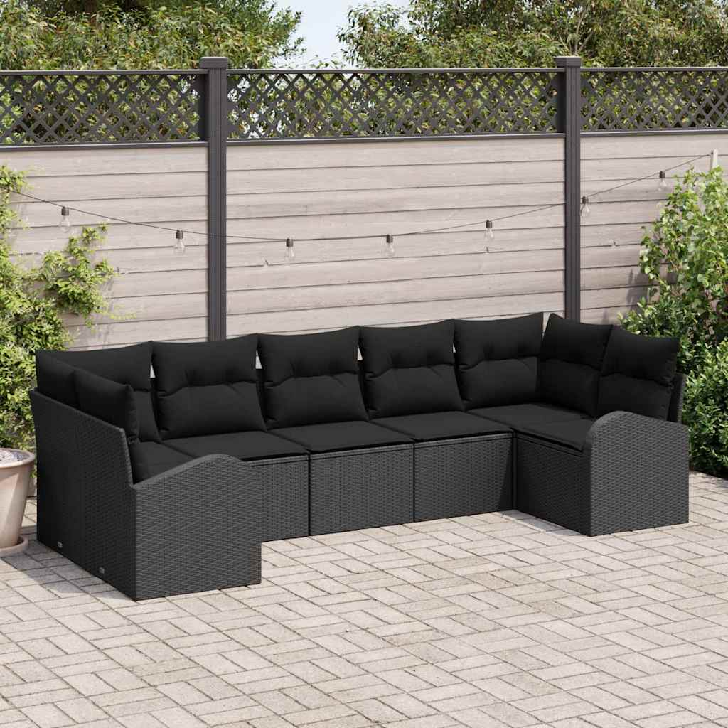 Gartensofa-set mit Kissen 7 pcs Schwarz Poly Rattan