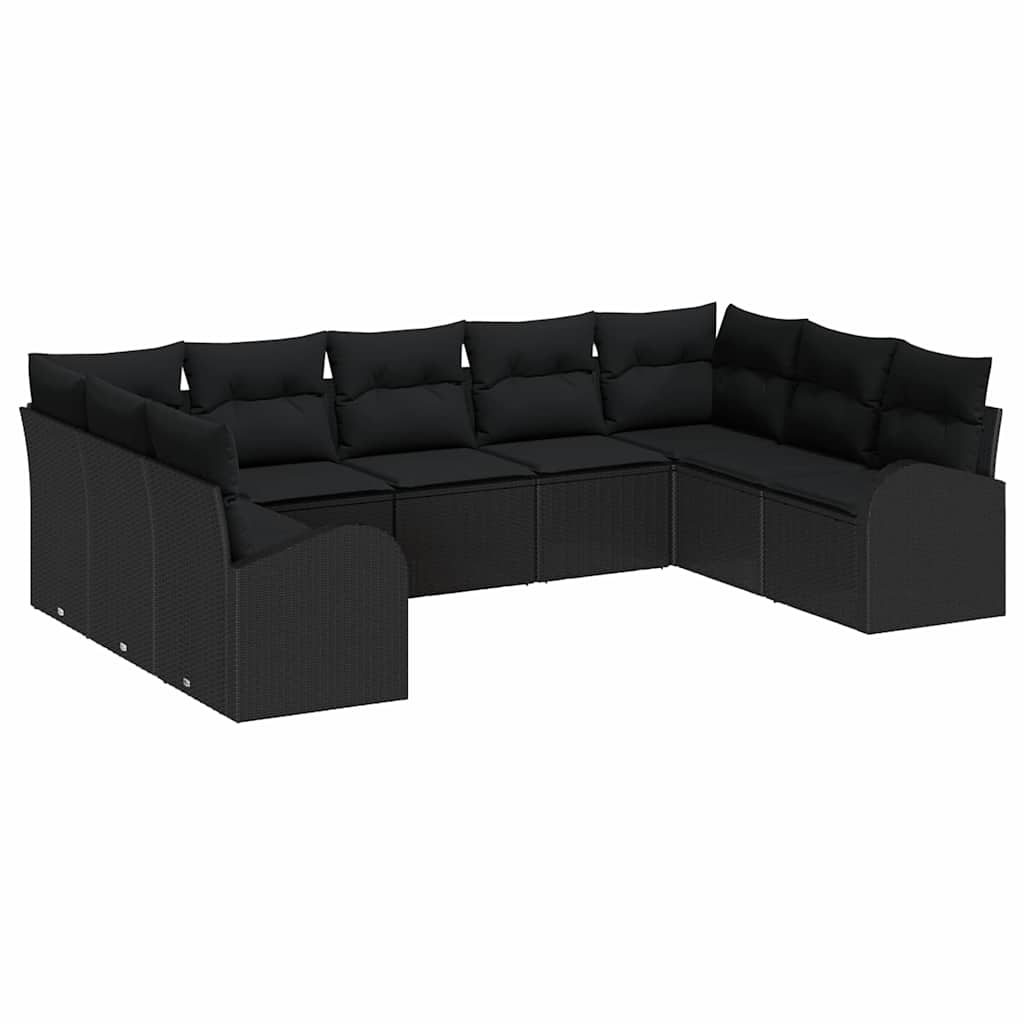 Sofa Set mit Kissen 9 pcs Schwarz Poly Rattan