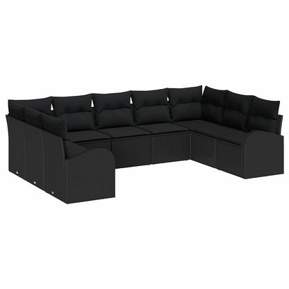 Sofa Set mit Kissen 9 pcs Schwarz Poly Rattan