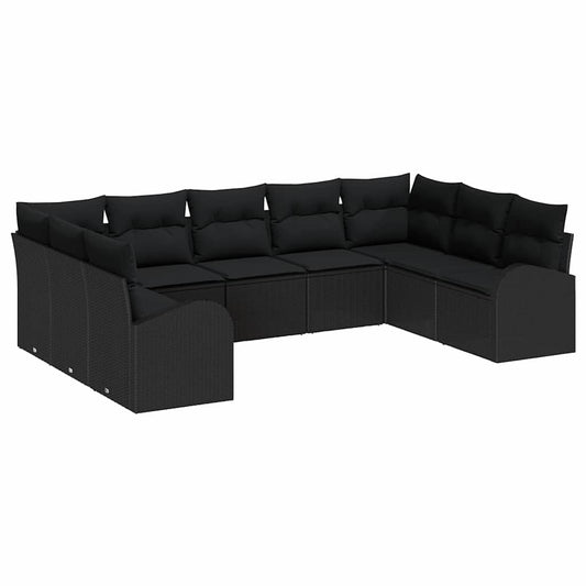 Sofa Set mit Kissen 9 pcs Schwarz Poly Rattan