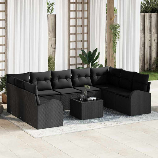 Sofa Set mit Kissen 10 pcs Schwarz Poly Rattan