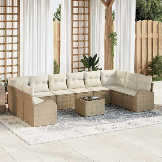 Sofa Set mit Kissen 11 pcs Beige Poly Rattan