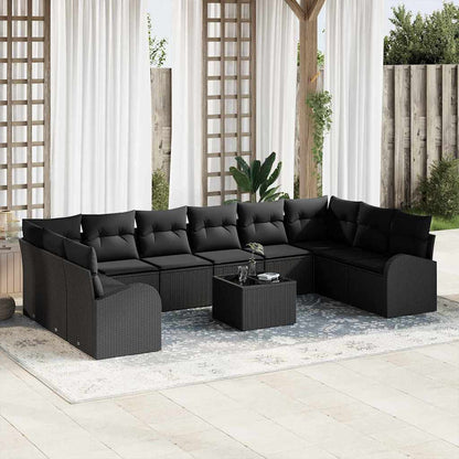 Sofa Set mit Kissen 11 pcs Schwarz Poly Rattan