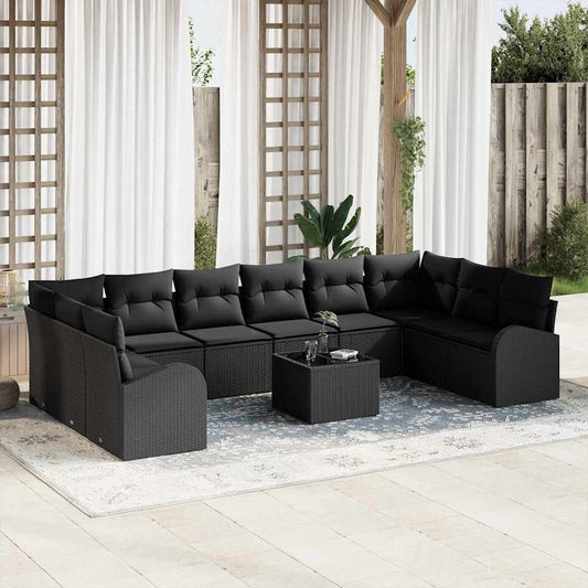 Sofa Set mit Kissen 11 pcs Schwarz Poly Rattan