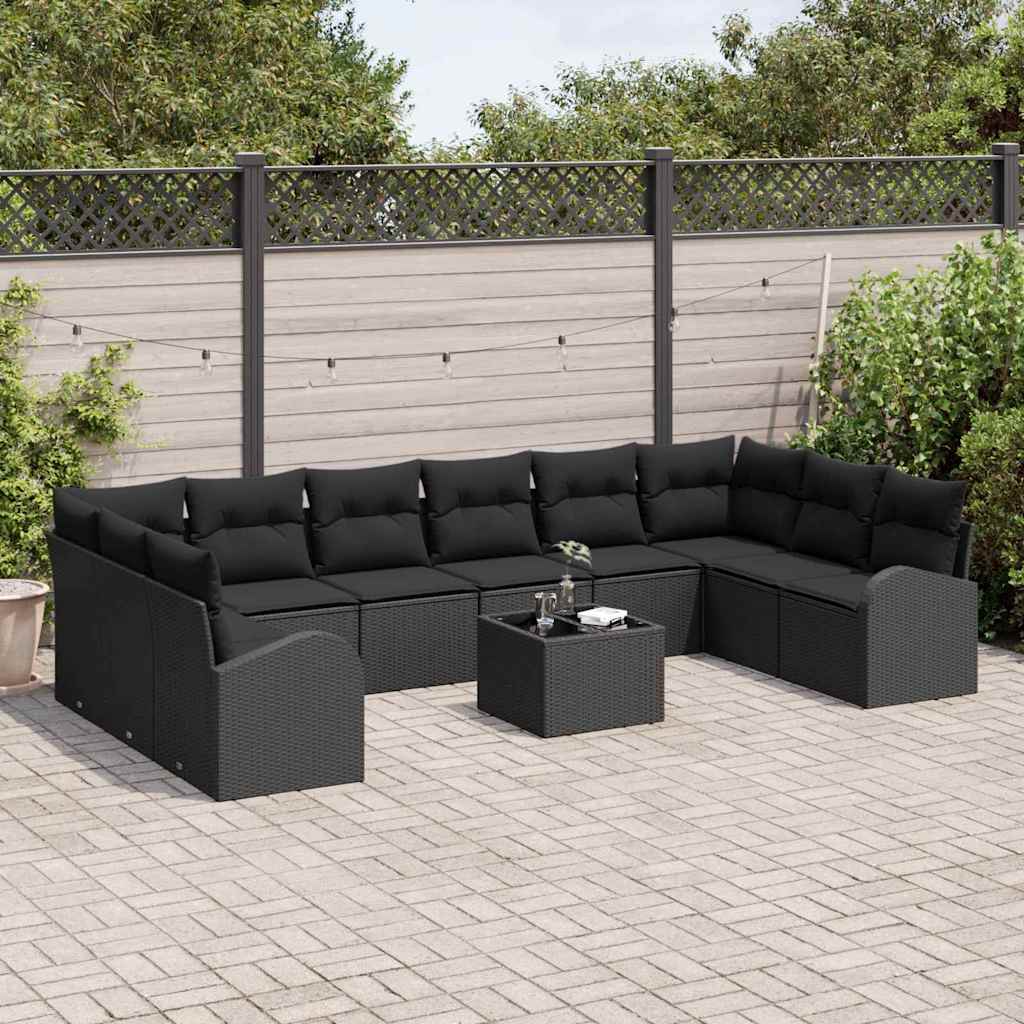 Sofa Set mit Kissen 11 pcs Schwarz Poly Rattan