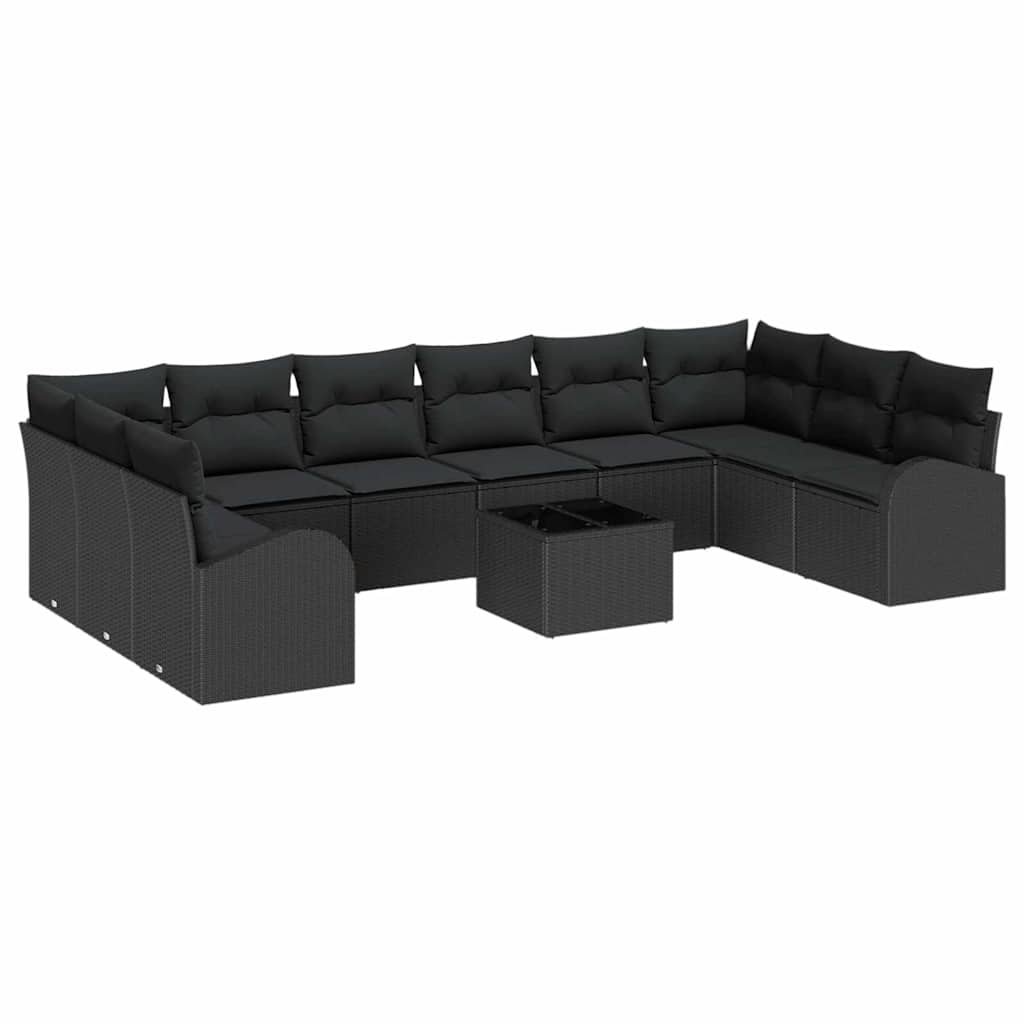 Sofa Set mit Kissen 11 pcs Schwarz Poly Rattan