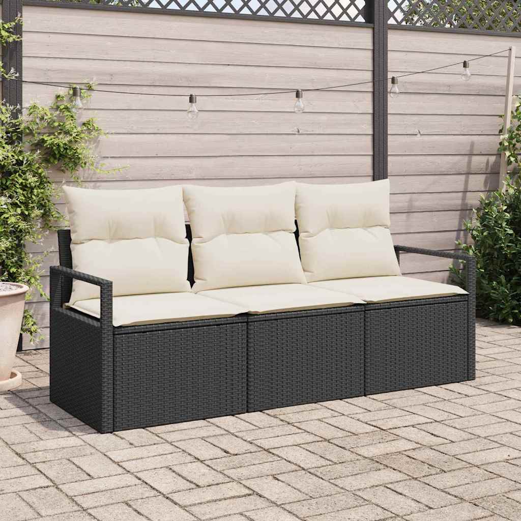 Sofa Set mit Kissen 3 pcs Schwarz Poly Rattan