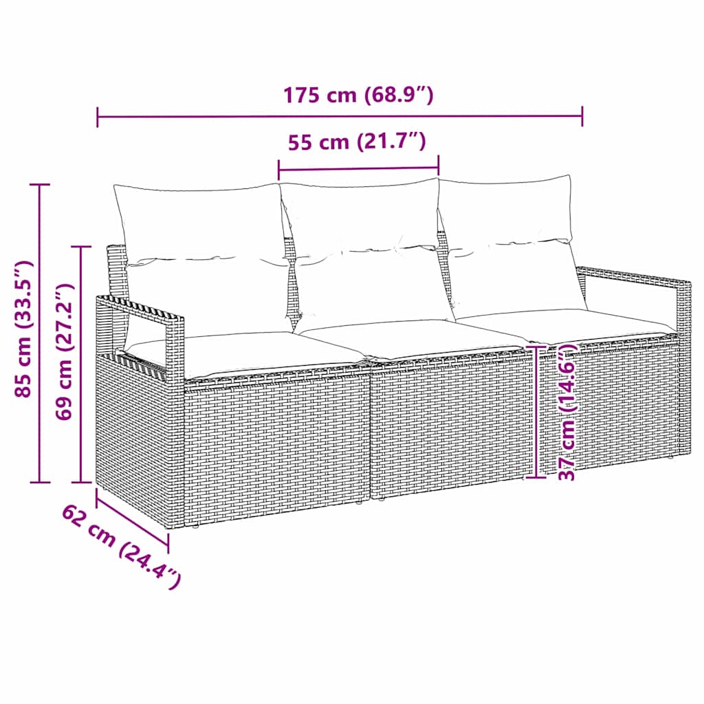 Sofa Set mit Kissen 3 pcs Braun Poly Rattan