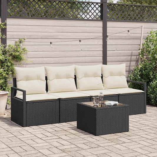 Sofa Set 5 pcs Schwarz und Creme Poly-Rattan