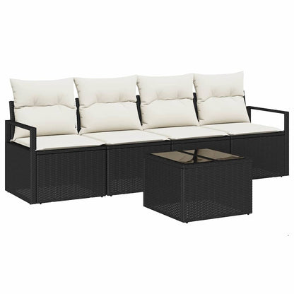 Sofa Set 5 pcs Schwarz und Creme Poly-Rattan