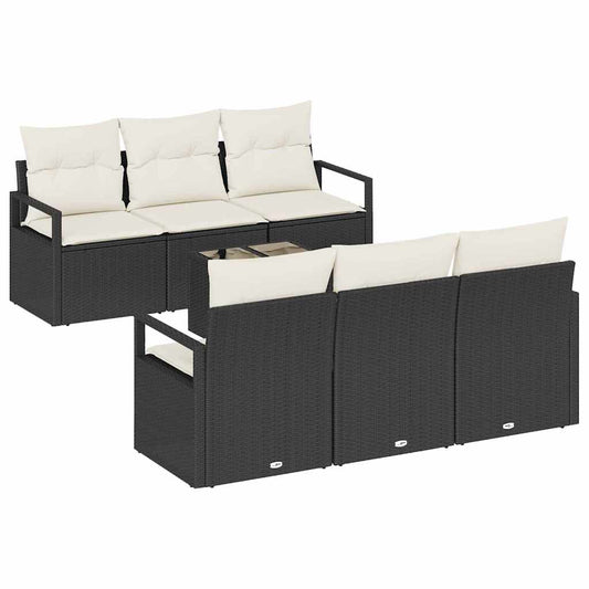Sofa Set 7 pcs Schwarz und Creme Poly-Rattan