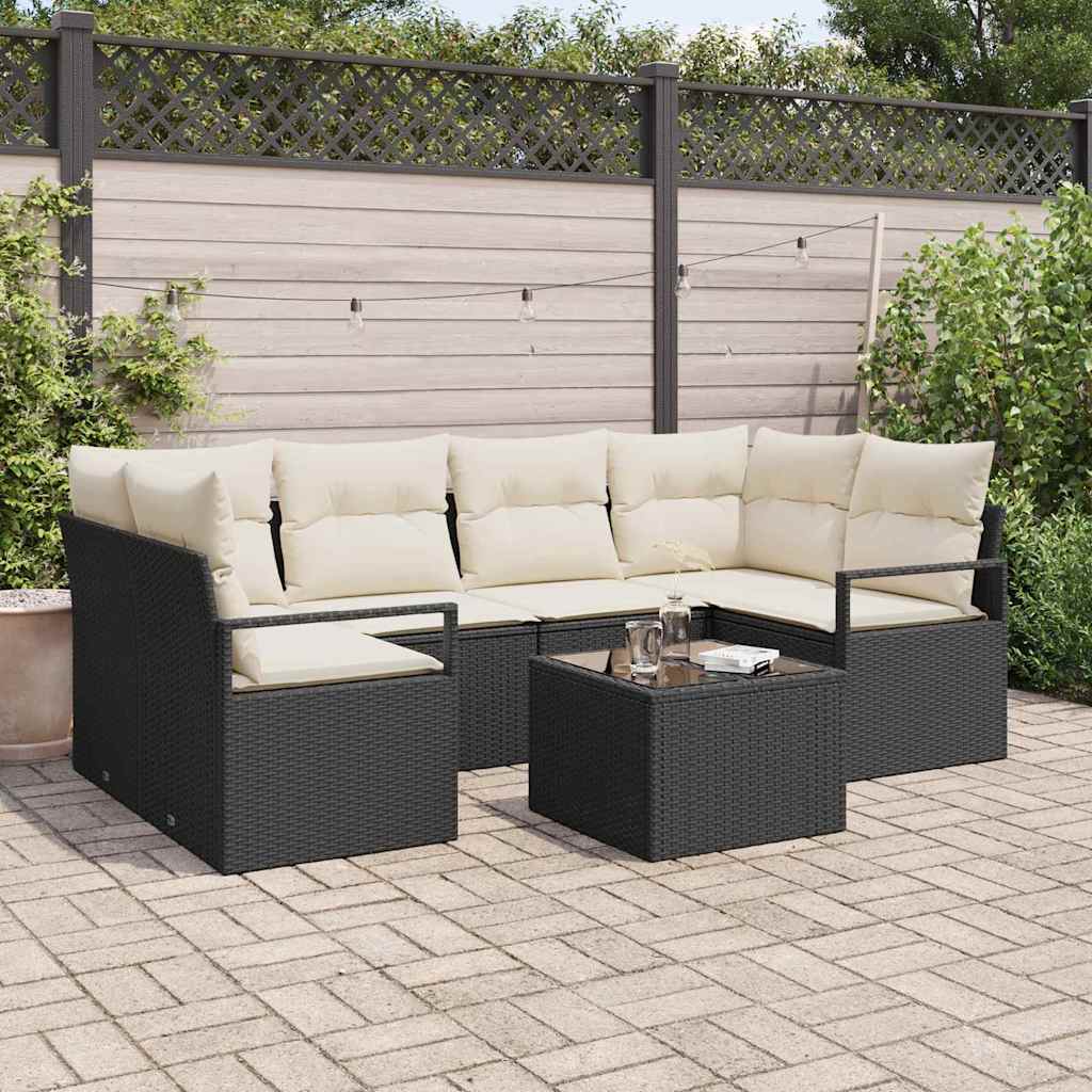 Sofa Set 7 pcs Schwarz und Creme Poly-Rattan