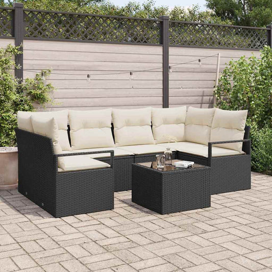 Sofa Set 7 pcs Schwarz und Creme Poly-Rattan
