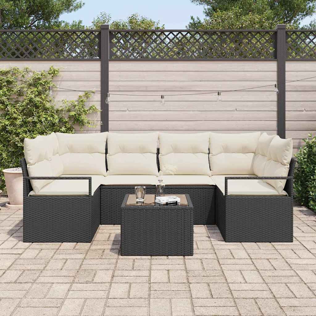 Sofa Set 7 pcs Schwarz und Creme Poly-Rattan