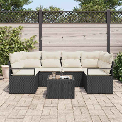 Sofa Set 7 pcs Schwarz und Creme Poly-Rattan