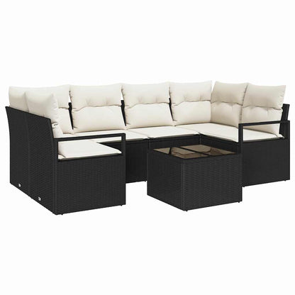 Sofa Set 7 pcs Schwarz und Creme Poly-Rattan