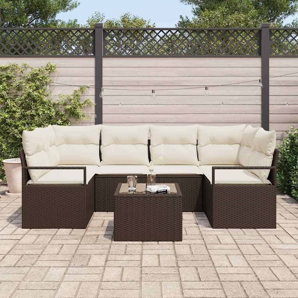 Sofa Set 7 pcs Braun und Creme Poly-Rattan
