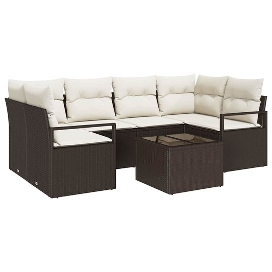 Sofa Set 7 pcs Braun und Creme Poly-Rattan