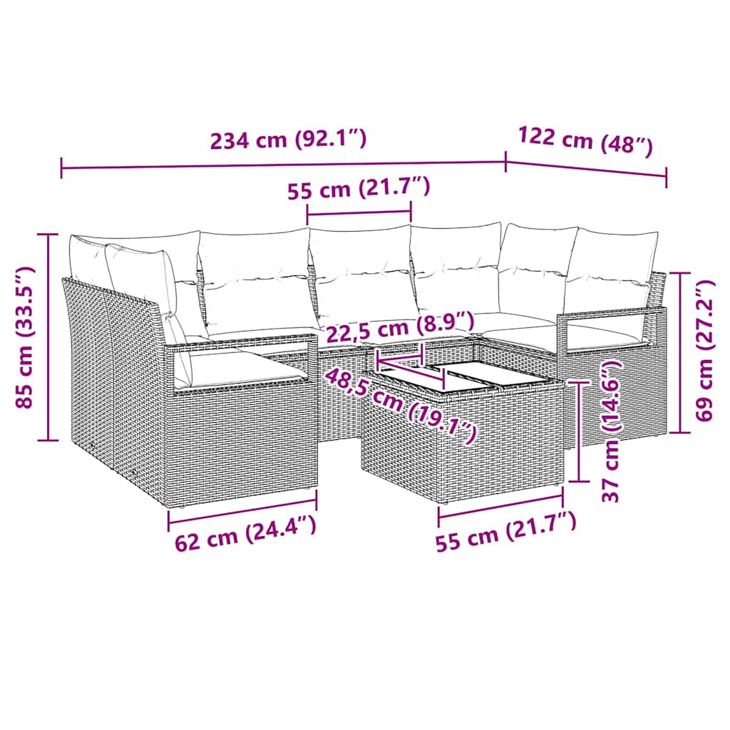 Garten-Sofa-Set 7 pcs Beige, Creme 55 x 55 x 37 cm Poly-Rattan