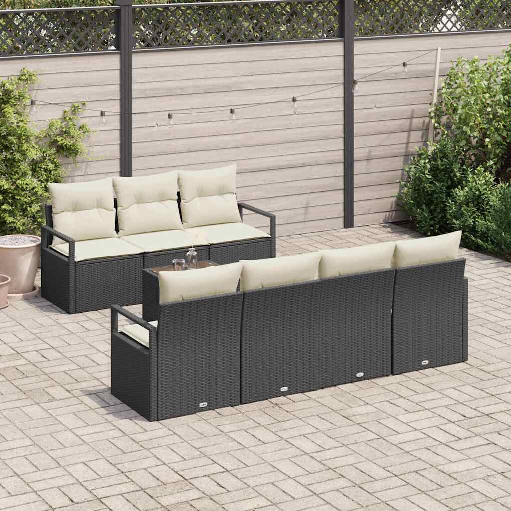 Sofa Set 8 pcs Schwarz und Creme Poly-Rattan