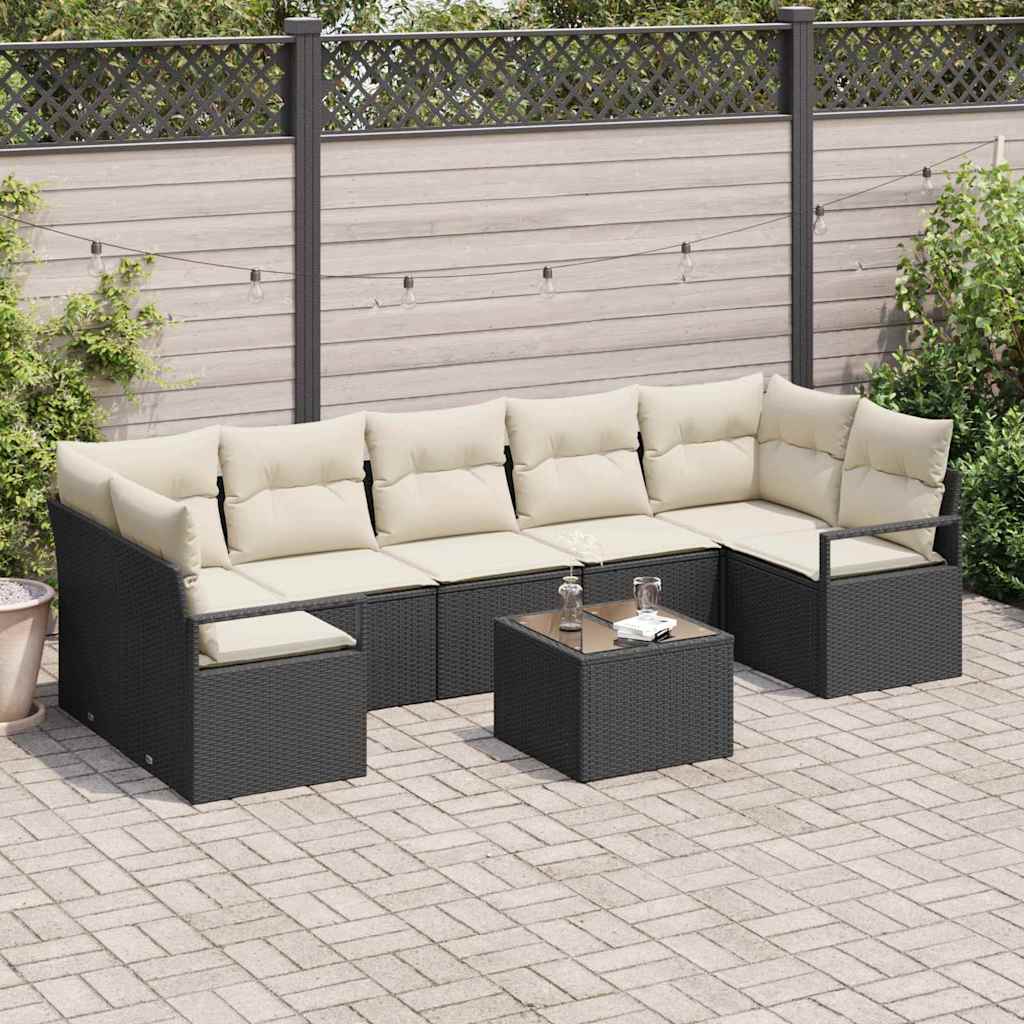 Sofa Set 8 pcs Schwarz und Creme Poly-Rattan