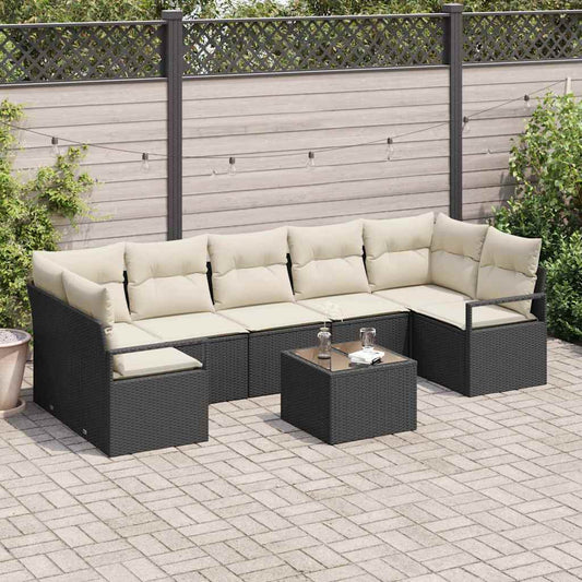 Sofa Set 8 pcs Schwarz und Creme Poly-Rattan