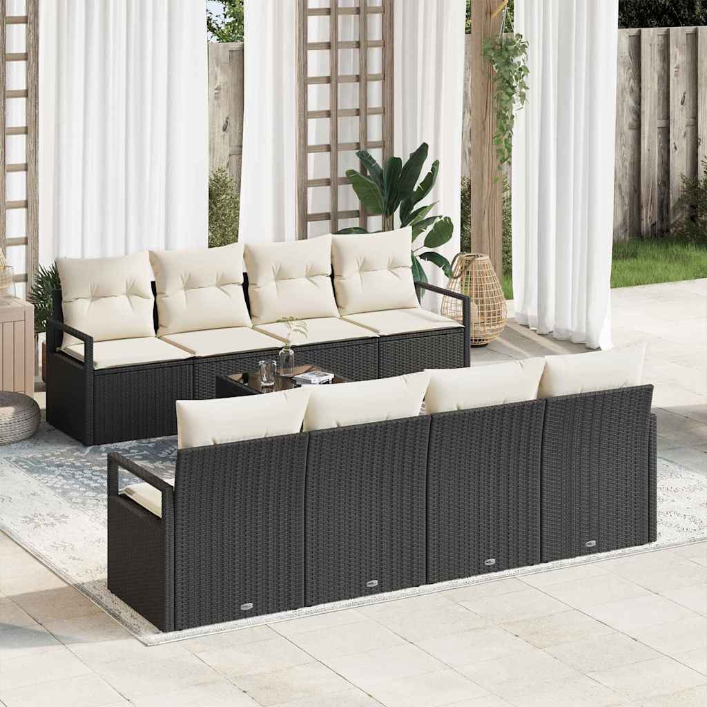 Sofa Set 7 pcs Schwarz und Creme Poly-Rattan