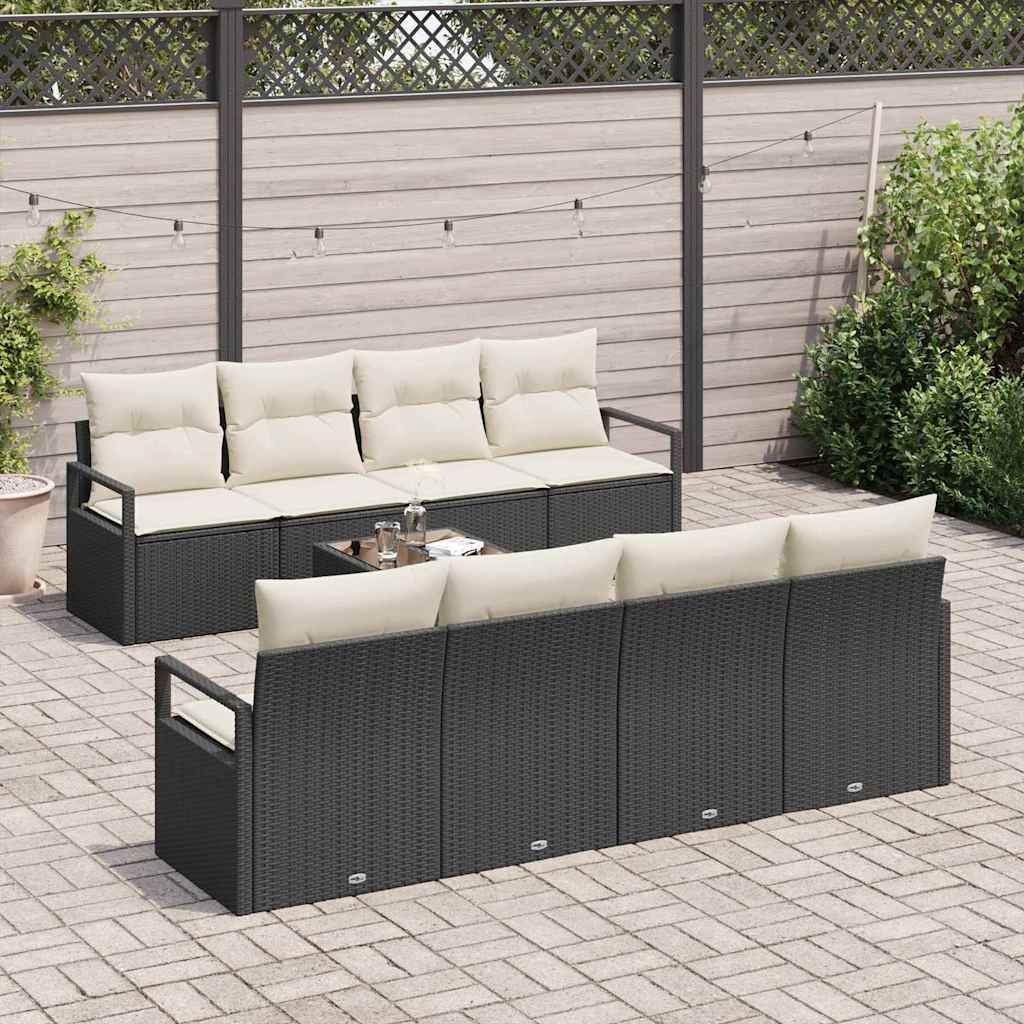 Sofa Set 7 pcs Schwarz und Creme Poly-Rattan