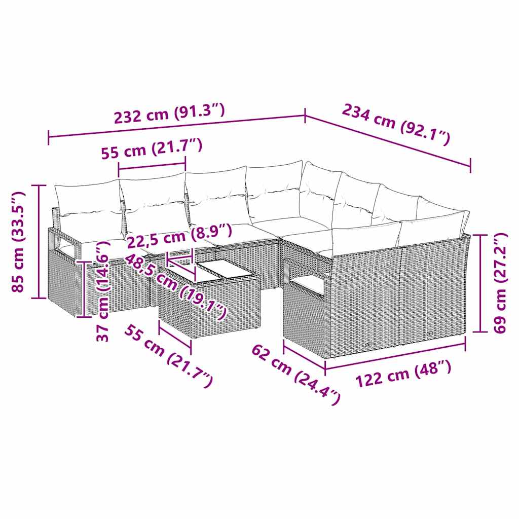 Garten-Sofa-Set 9 pcs Grau 55 x 55 x 37 cm Poly-Rattan