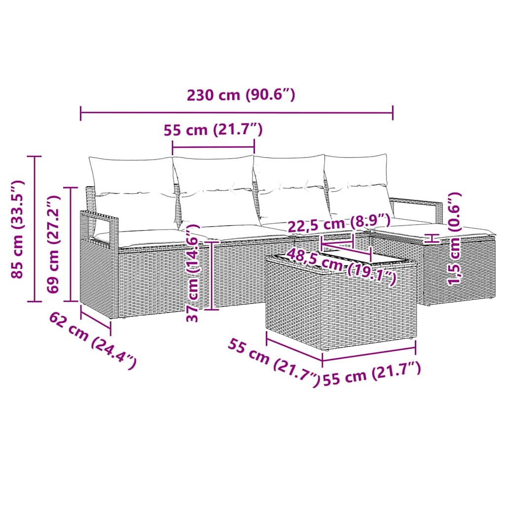 Sofa Set mit Kissen 6 pcs Braun Poly Rattan