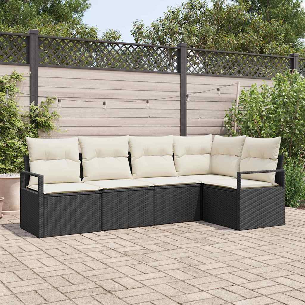 Sofa Set mit Kissen 5 pcs Schwarz Poly Rattan
