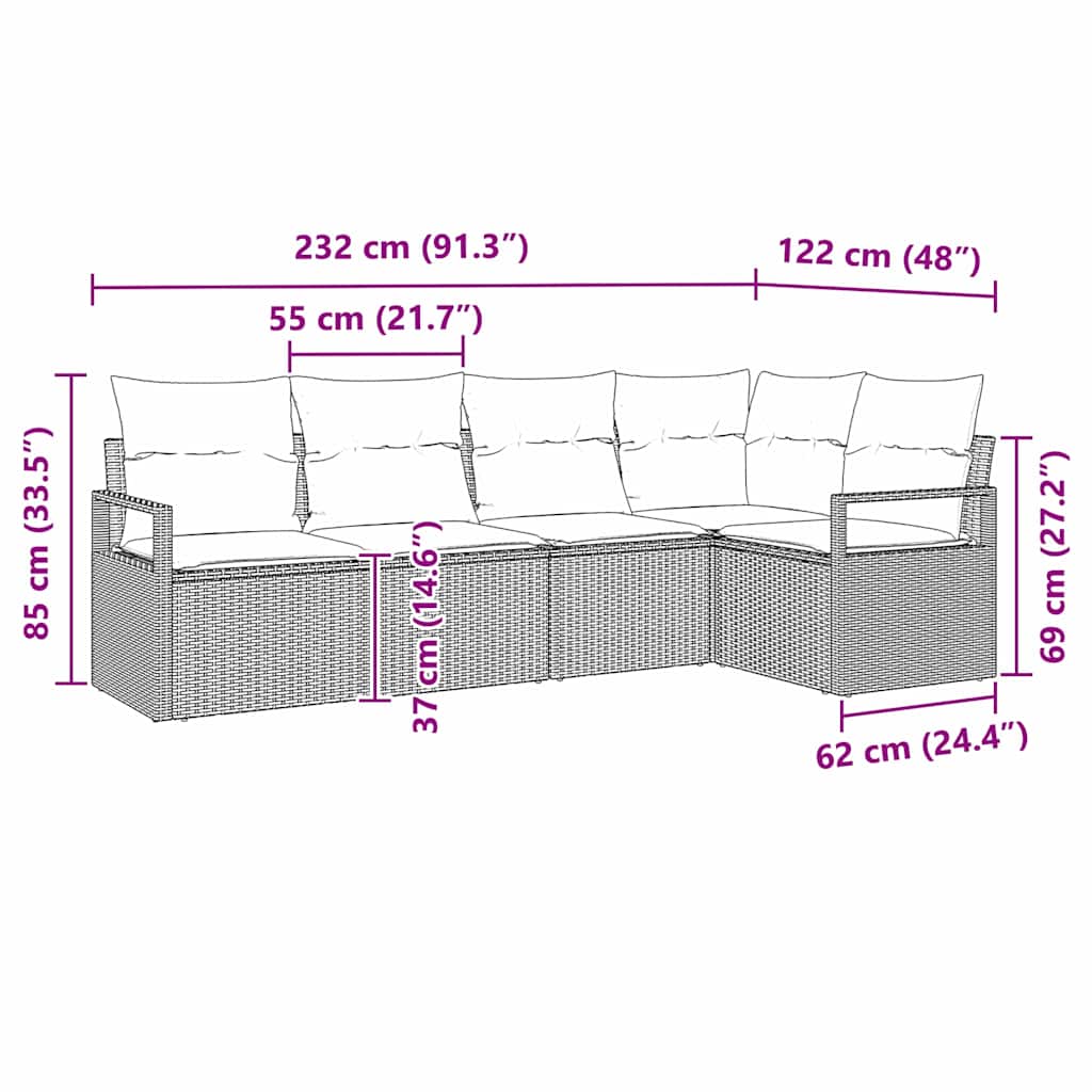 Sofa Set mit Kissen 5 pcs Schwarz Poly Rattan