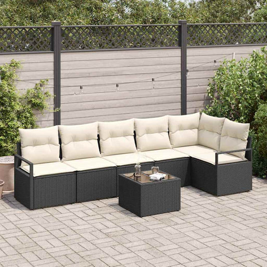 Sofa Set mit Kissen 7 pcs Schwarz Poly Rattan