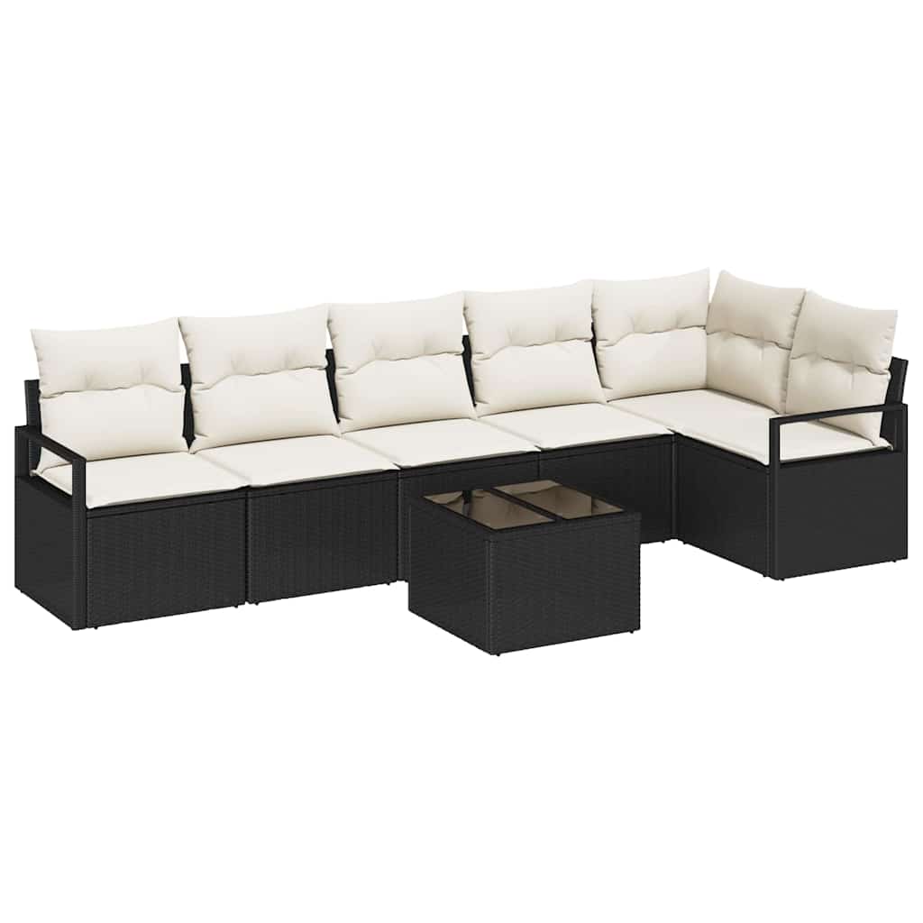 Sofa Set mit Kissen 7 pcs Schwarz Poly Rattan