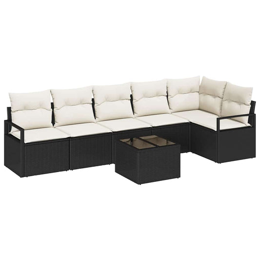 Sofa Set mit Kissen 7 pcs Schwarz Poly Rattan