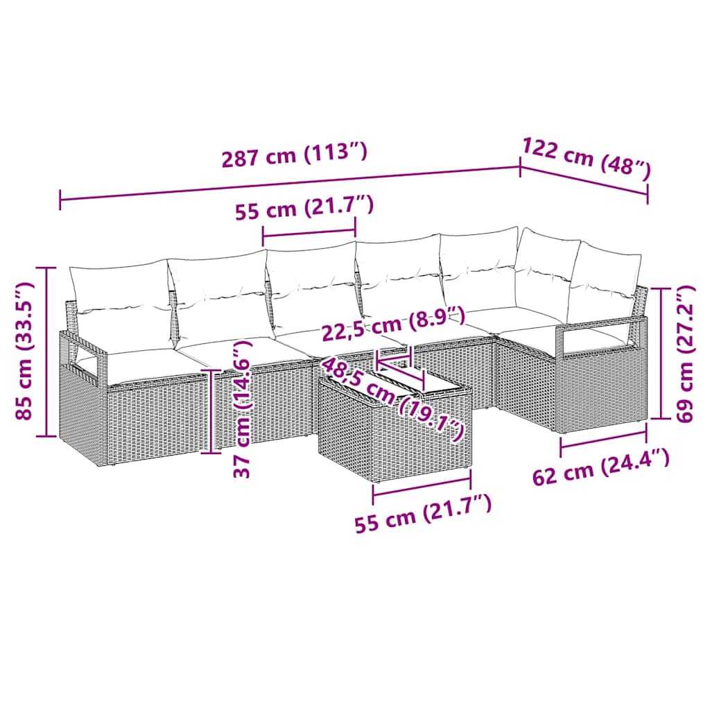 Sofa Set mit Kissen 7 pcs Schwarz Poly Rattan