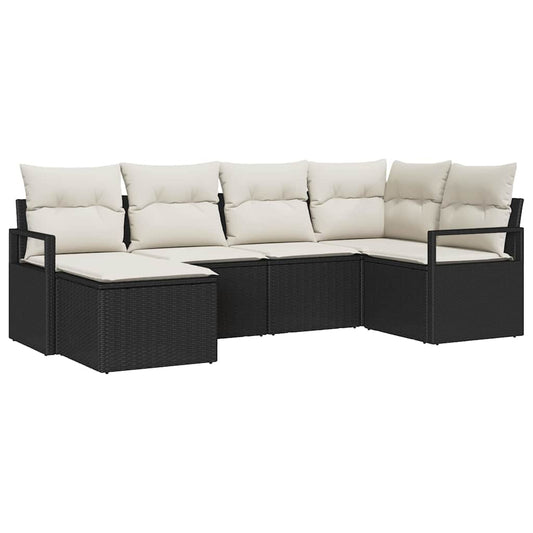 Sofa Set mit Kissen 6 pcs Schwarz Poly Rattan