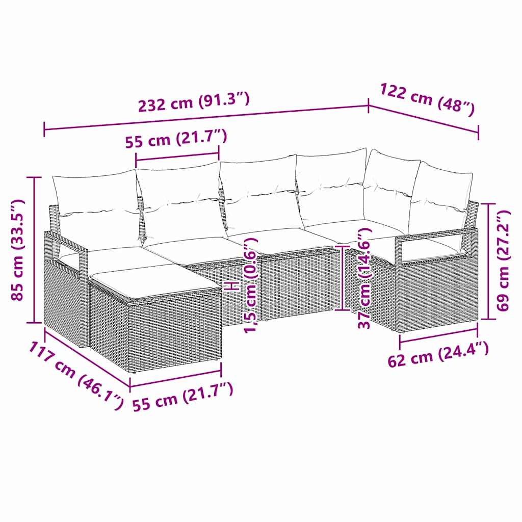 Garten-Sofa-Set 6 pcs Grau Poly Rattan