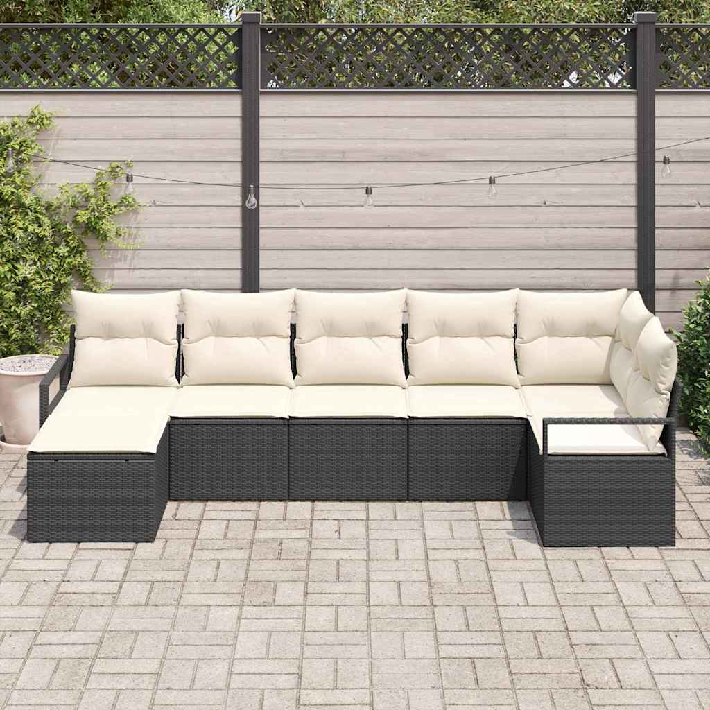 Sofa Set mit Kissen 7 pcs Schwarz Poly Rattan