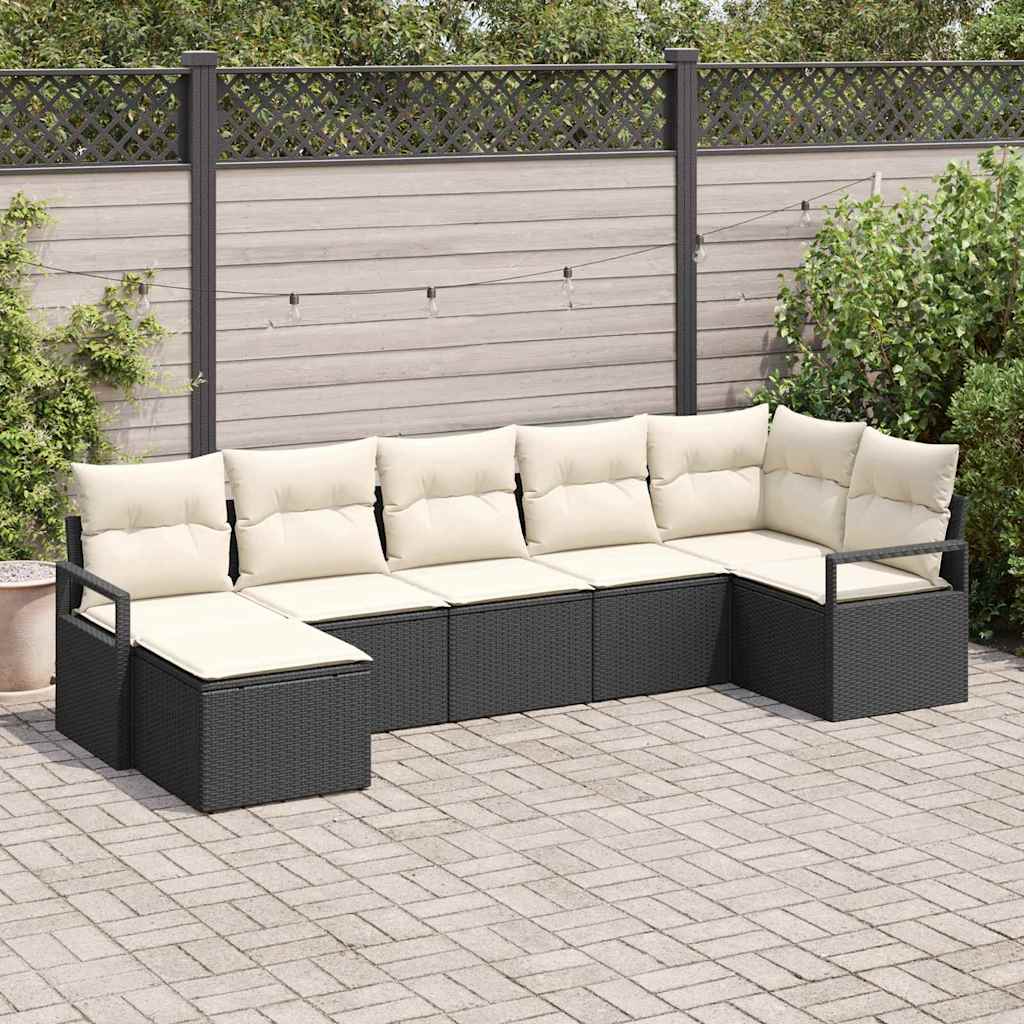 Sofa Set mit Kissen 7 pcs Schwarz Poly Rattan