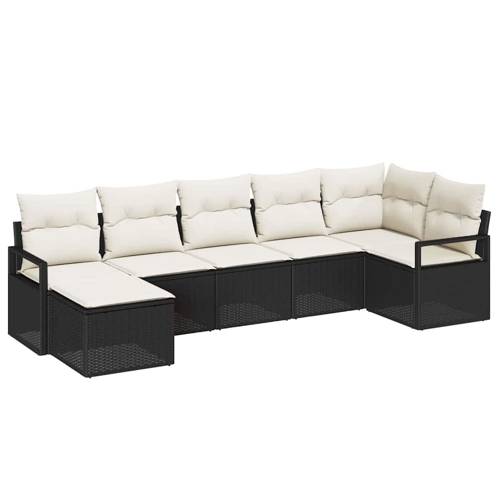 Sofa Set mit Kissen 7 pcs Schwarz Poly Rattan