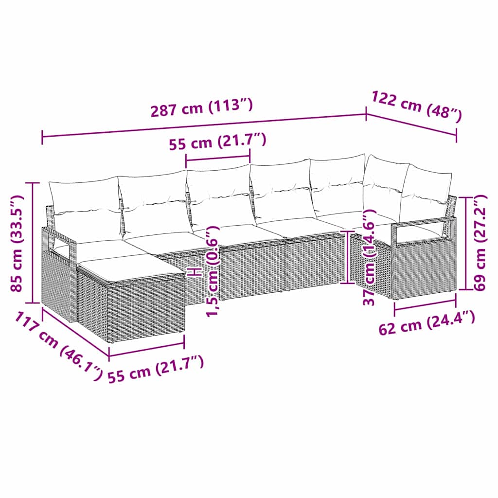 Garten-Sofa-Set 7 pcs Grau Poly Rattan